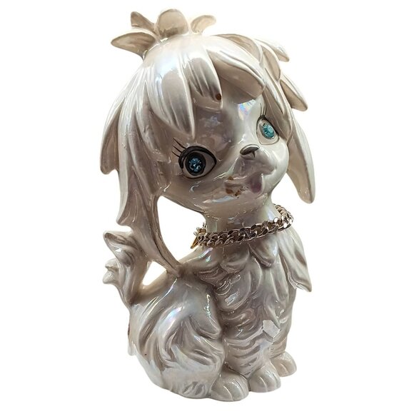 Vintage Lefton Ceramic Poodle Bank Figurine with Chain Collar and Sparkling Blue - Picture 1 of 6